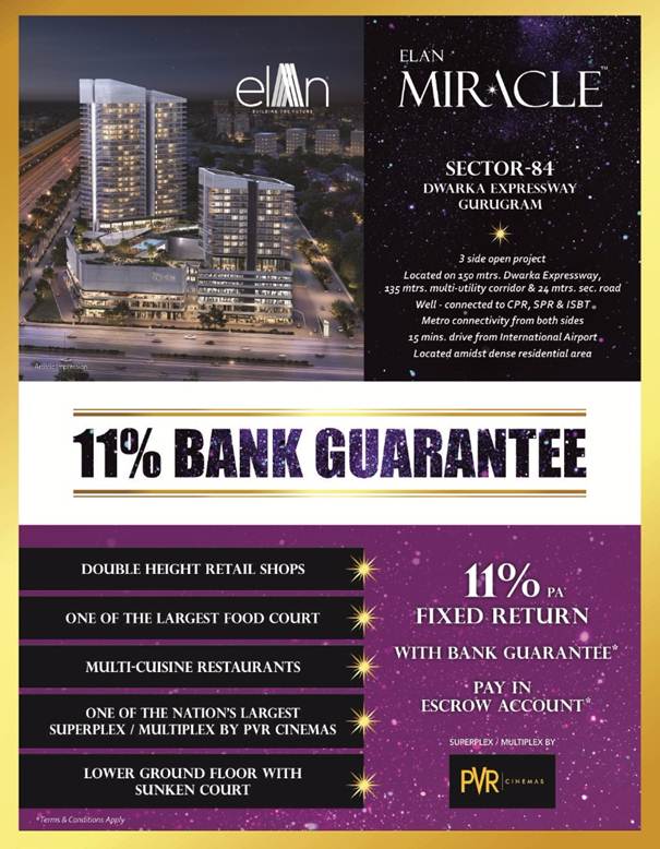 Get 11% fixed return with bank guarantee at Elan Miracle in Gurgaon